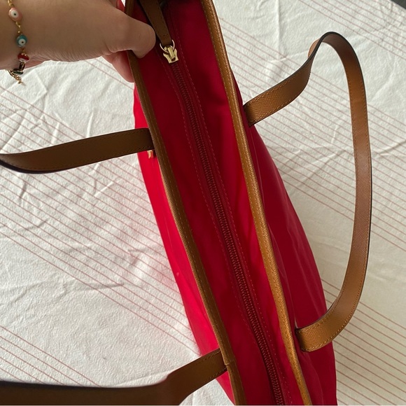 Michael Kors Red Tote Bag with Tan Leather Accents gold accents - Picture 9 of 11